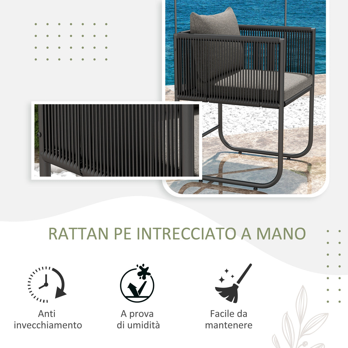 easycomfort easycomfort set da giardino 3 pezzi in rattan con 2 sedie 50x51 5x67 cm e tavolo 110x60x75 cm in legno composito