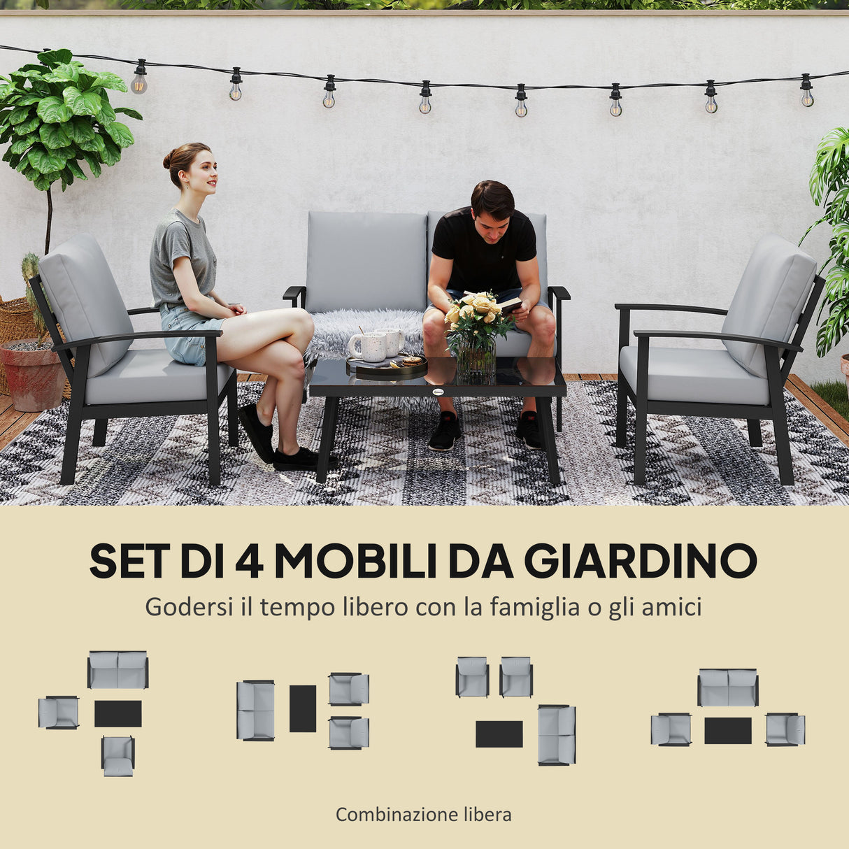 easycomfort easycomfort set da giardino 4 pezzi con 2 poltroncine divano 2 posti e tavolino in alluminio e fibra grigio carbone