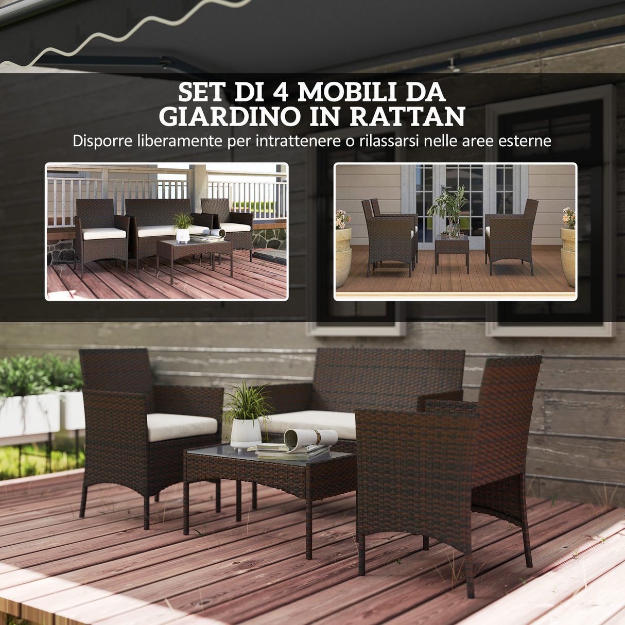easycomfort easycomfort set da giardino 4 pezzi con divano 2 posti 2 sedie e tavolino basso in rattan e acciaio beige e marrone