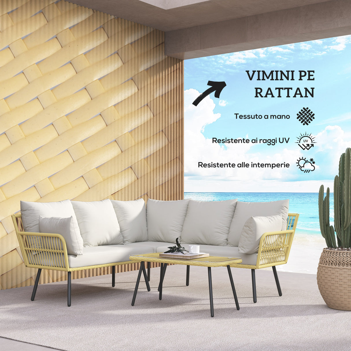 easycomfort easycomfort set da giardino 4 pezzi in rattan pe con tavolino da esterni 90x45x42 cm e 2 divanetti per esterni 6ex63x74 cm bianco crema
