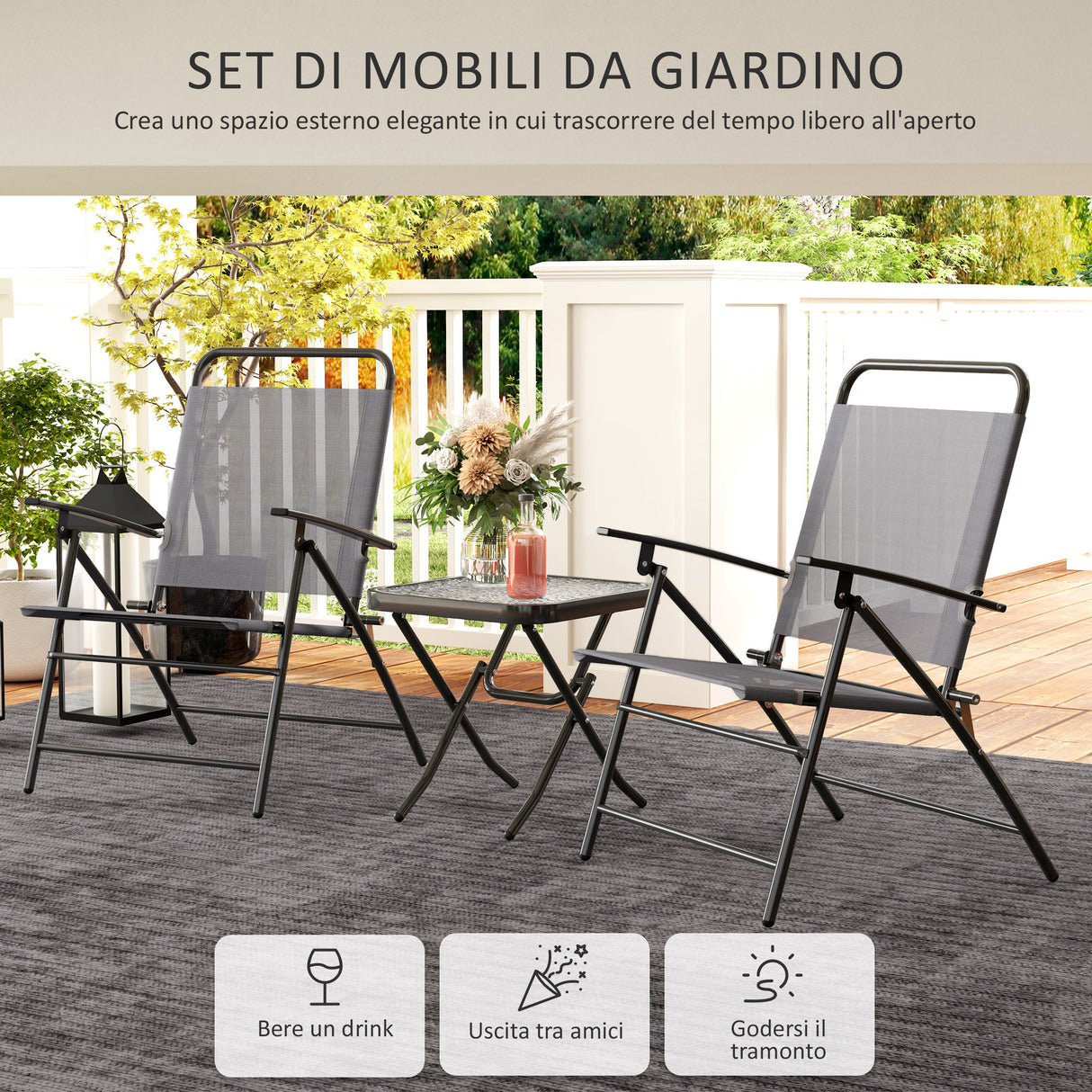 easycomfort easycomfort set da giardino con tavolo con piano in vetro e 2 sedie pieghevoli con schienale regolabile grigio