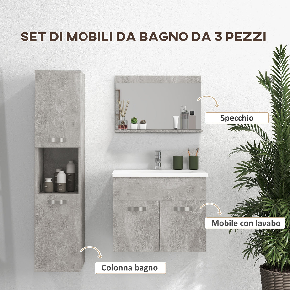 easycomfort easycomfort set mobili bagno da 4 pezzi con lavabo da 60cm mobiletto colonna bagno e specchiera in legno grigio