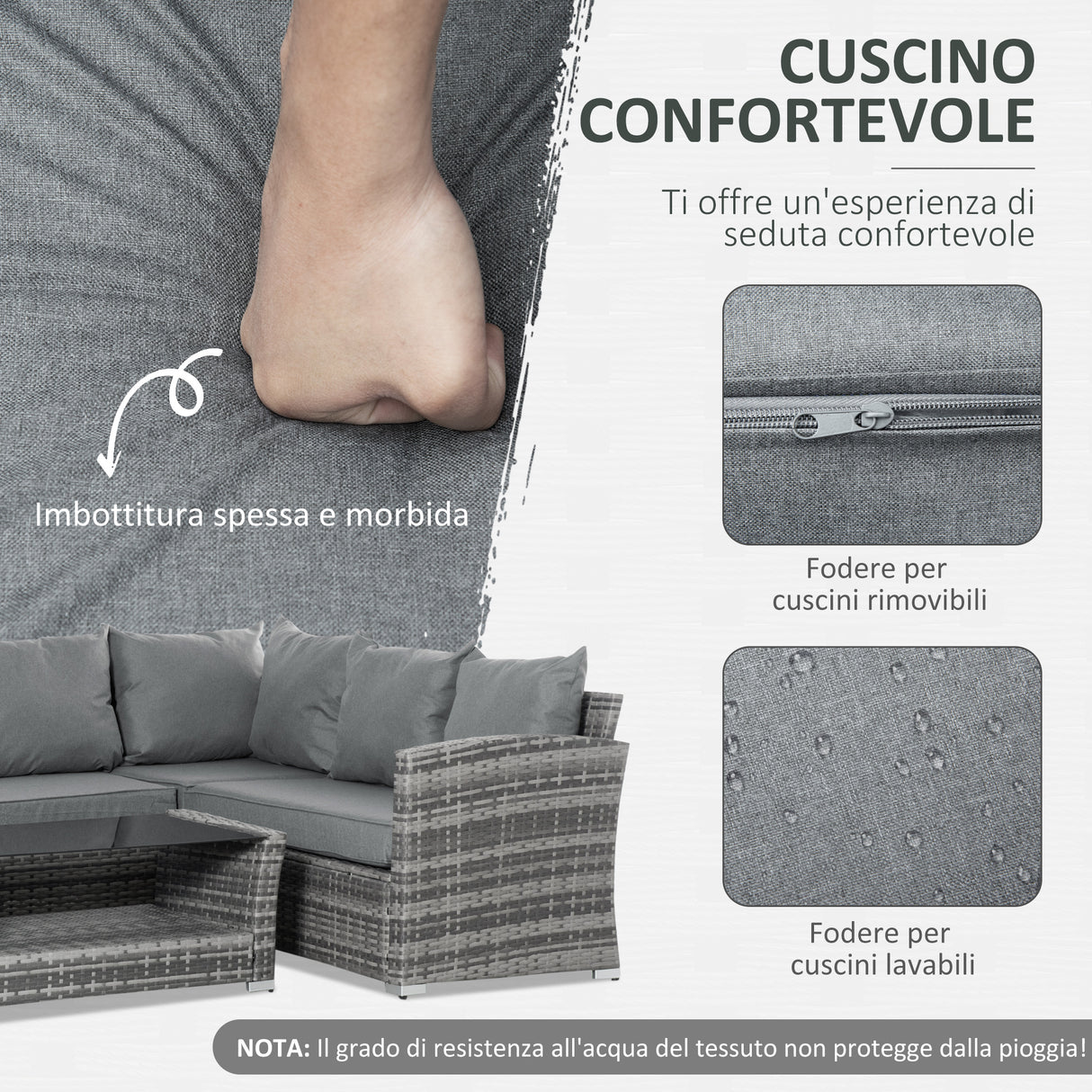 easycomfort easycomfort set mobili da giardino in rattan pe da 4 pezzi salotto con divano angolare e tavolino con vetro cuscini imbottiti e sfoderabili grigio