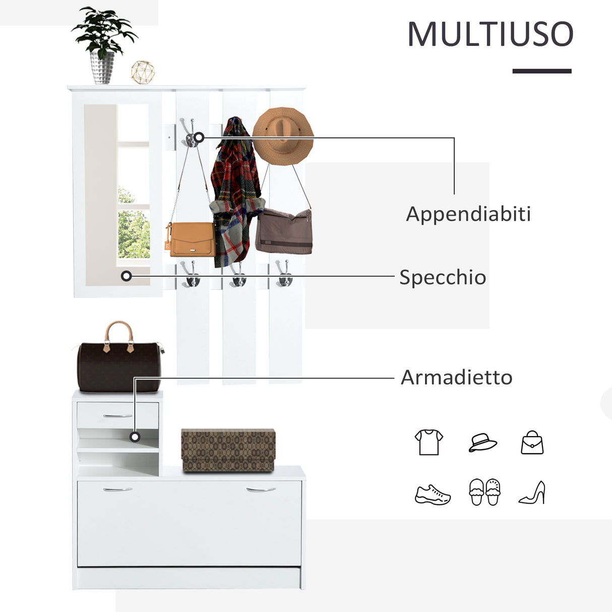 easycomfort easycomfort set mobili ingresso moderno con scarpiera e specchio appendiabiti da ingresso con 6 ganci 2 ripiani regolabili e cassetti in legno per corridoio 90x24x177 cm bianco ean 8054111846370