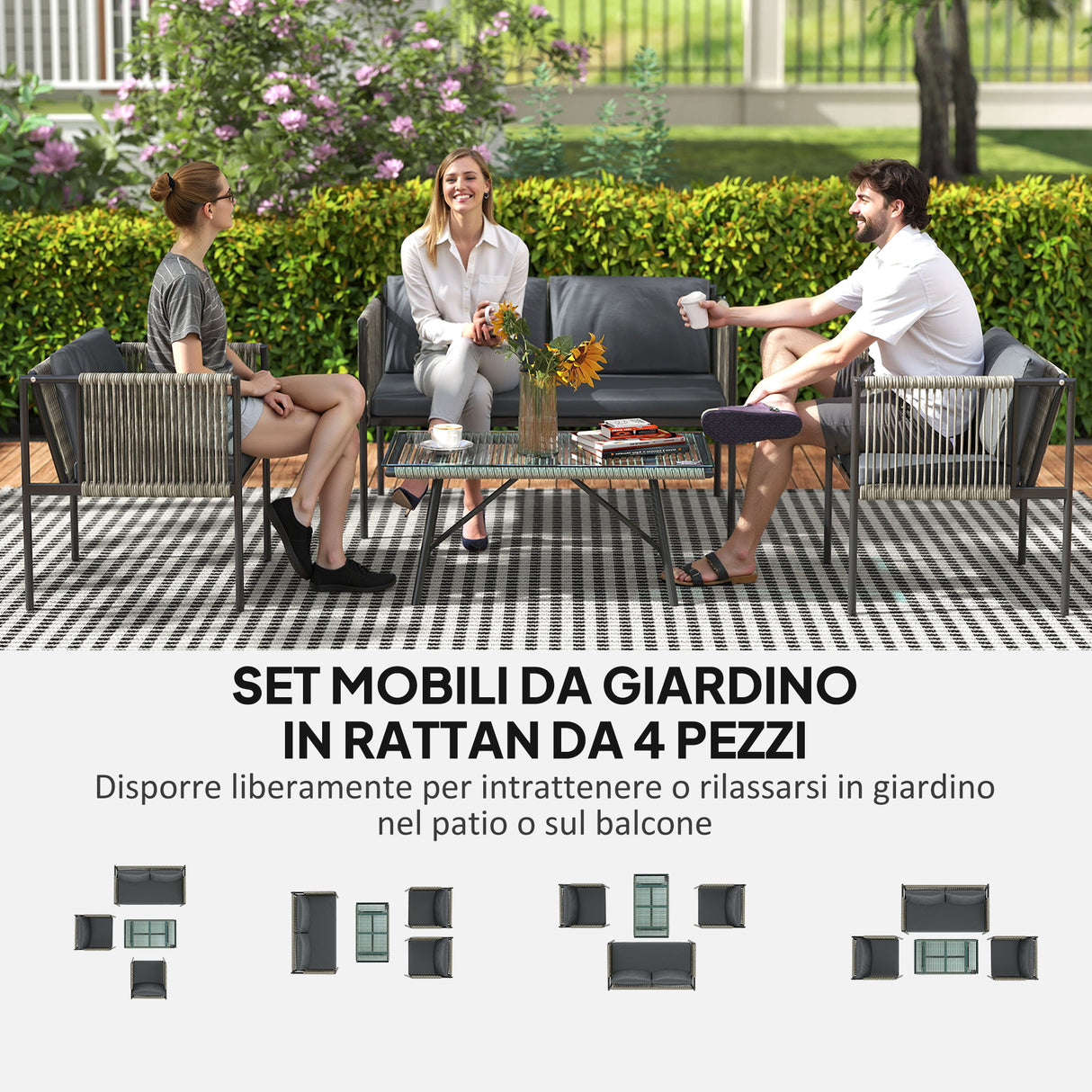 easycomfort easycomfort set salotto da giardino in rattan con 2 poltrone divanetto 2 posti e tavolino da caffe in vetro grigio