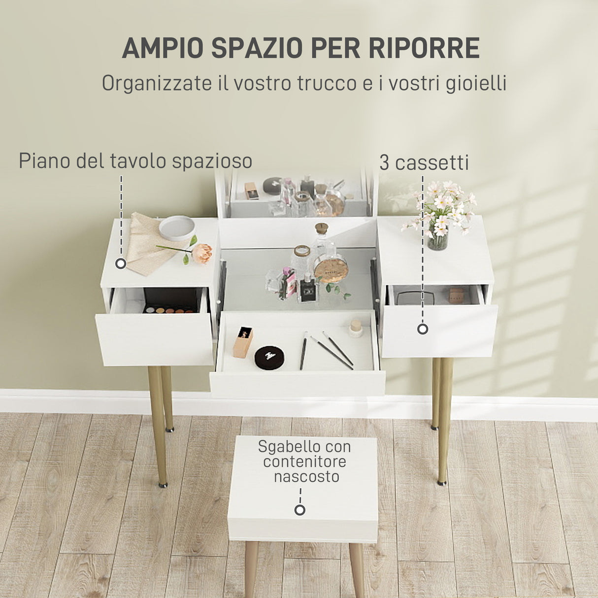 easycomfort easycomfort set tavolo da trucco con 3 cassetti e specchio con sgabello da trucco portaoggetti bianco