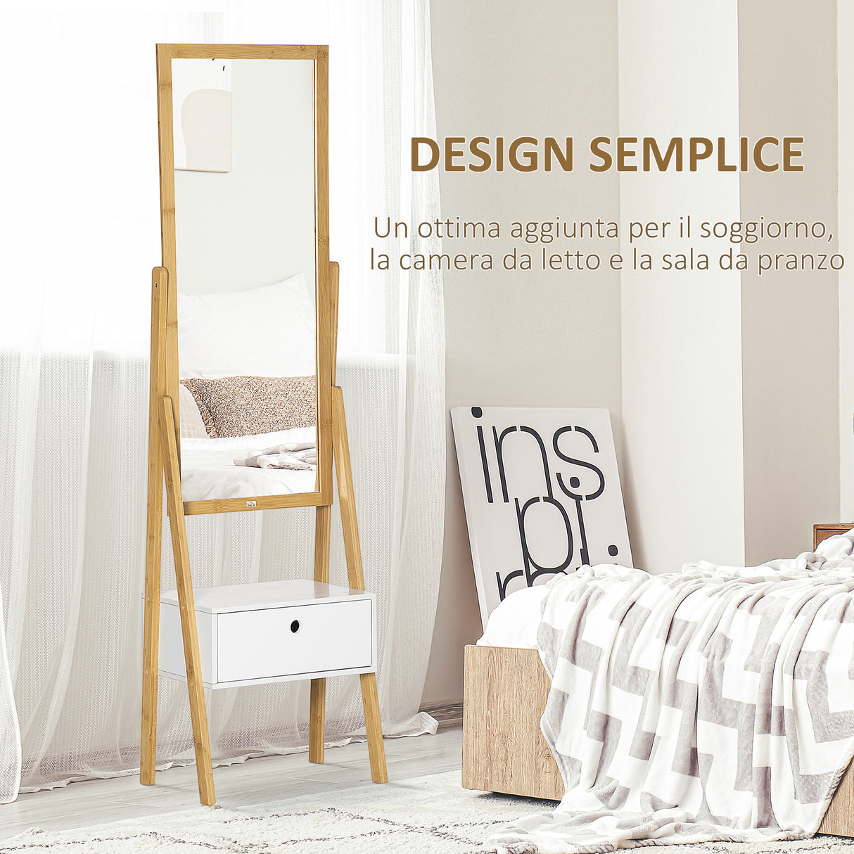 easycomfort easycomfort specchio da terra con cassetto in mdf e bambu 45x30x160 cm bianco e color legno