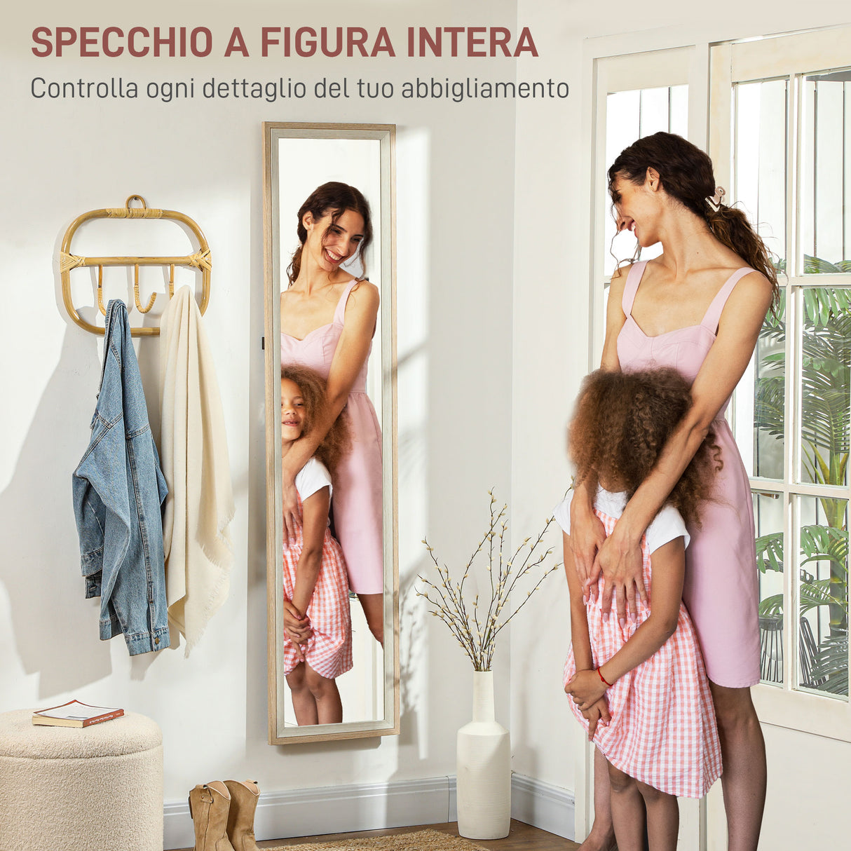 easycomfort easycomfort specchio moderno a figura intera da parete e autoportante 37x157 cm bianco e legno