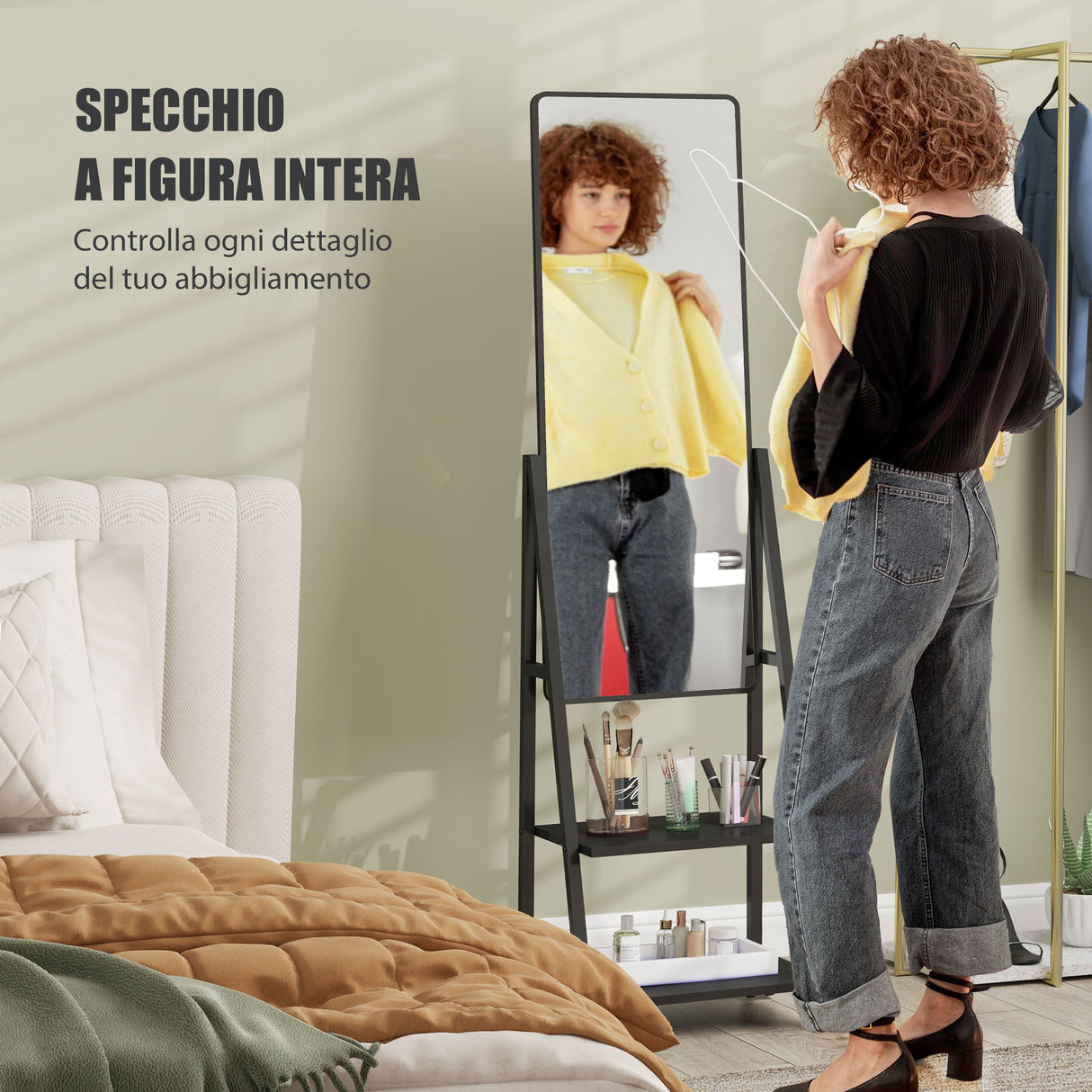 easycomfort easycomfort specchio verticale da terra con 2 ripiani e 4 rotelle in acciaio e legno 42x37x155 cm nero