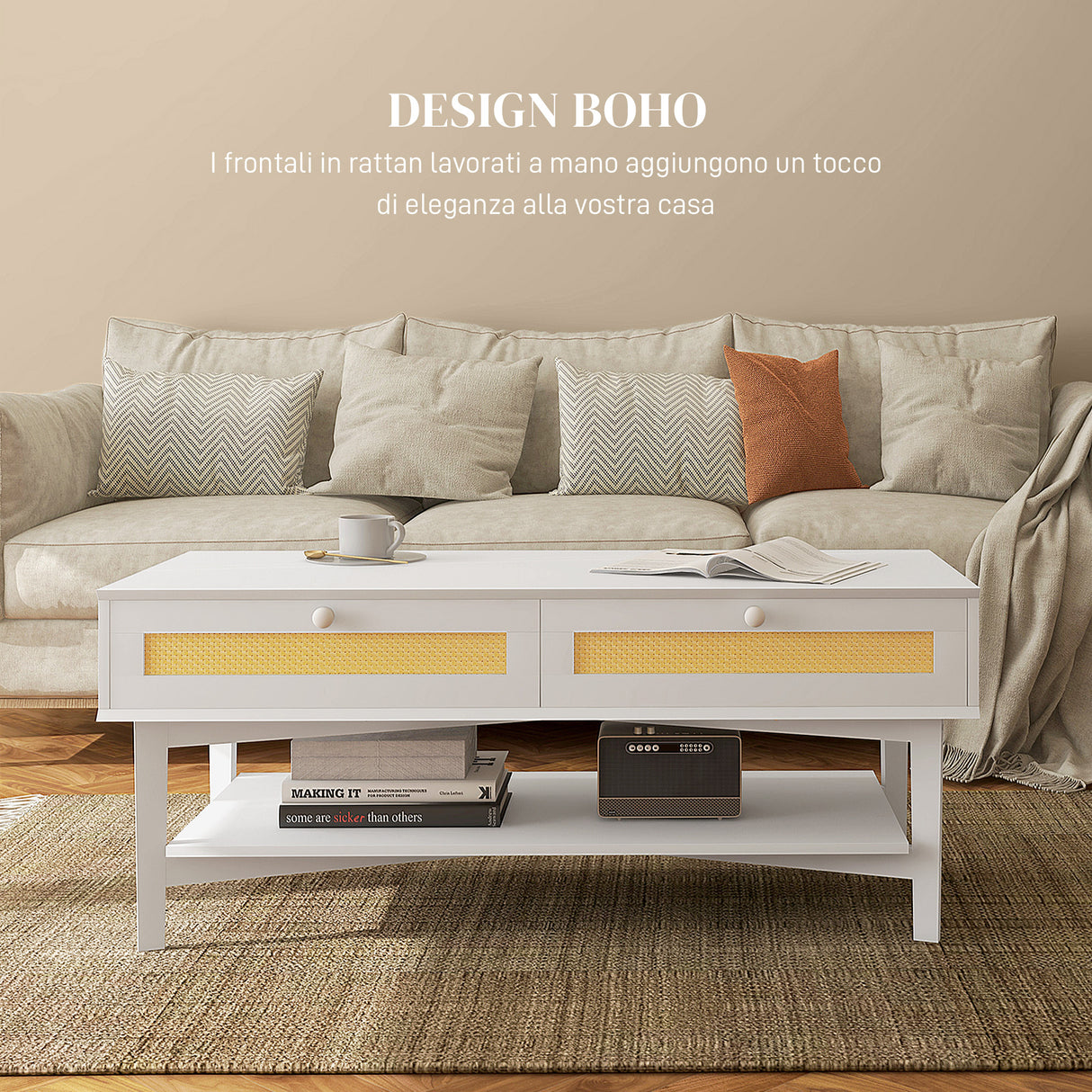 easycomfort easycomfort tavolino da caffe boho con 2 cassetti e ripiano in rattan e truciolato 120x50x50 cm bianco e color legno