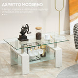 easycomfort easycomfort tavolino da caffe moderno a 2 livelli in vetro e legno 90x50x42cm bianco