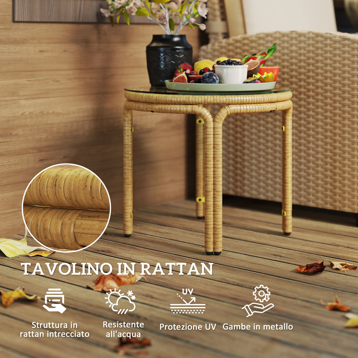 easycomfort easycomfort tavolino da giardino in rattan e vetro rotondo in stile boho chic 50x44 cm giallo