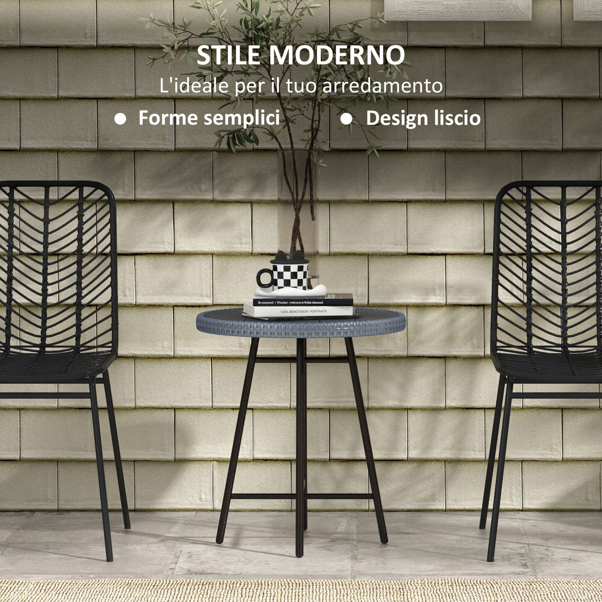 easycomfort easycomfort tavolino da giardino moderno con piano in plastica di legno in rattan e acciaio 50x50x55 cm grigio e nero