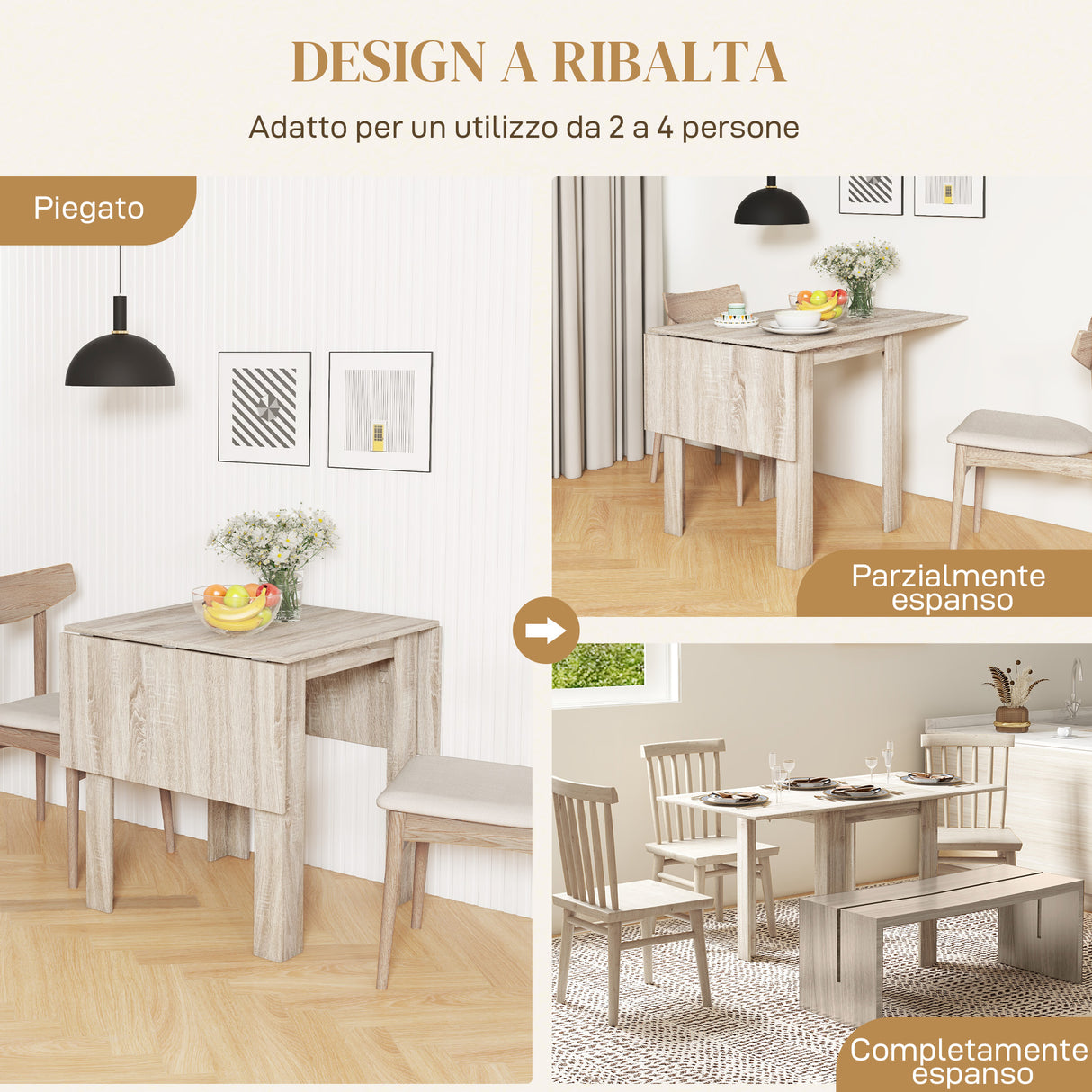 easycomfort easycomfort tavolo a ribalta per 4 persone max impermeabile e antigraffio in truciolato 140x70x75 cm color rovere
