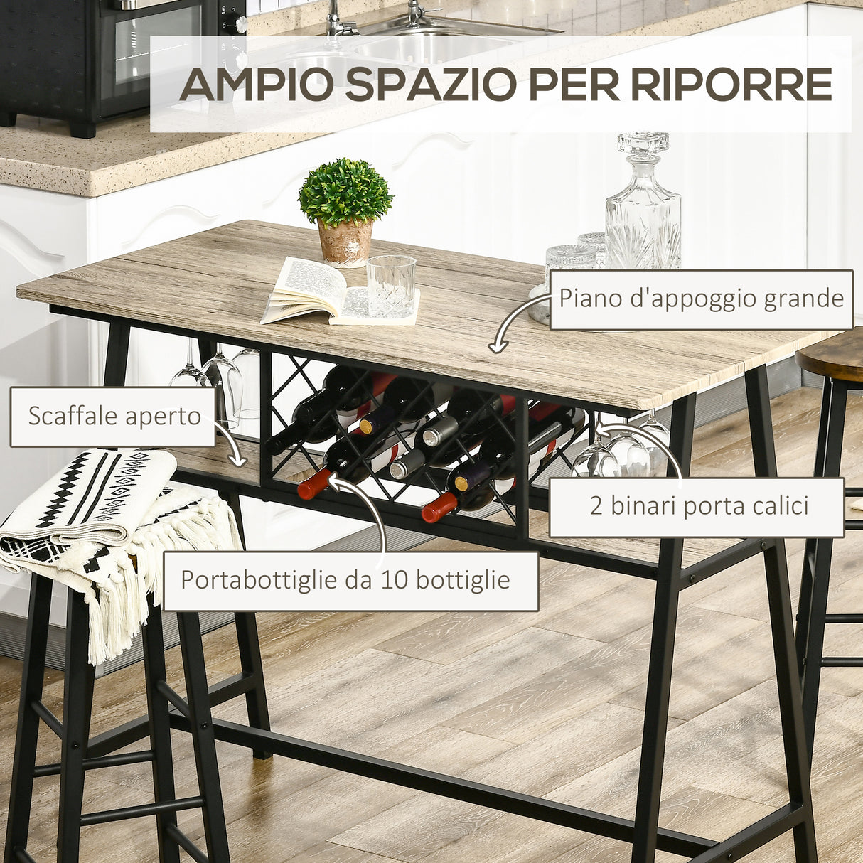 easycomfort easycomfort tavolo da bar industriale da 10 bottiglie in truciolato e acciaio 120x60x91 cm nero e color legno