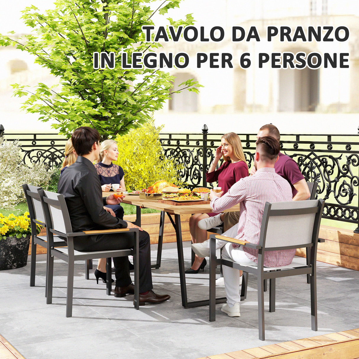 easycomfort easycomfort tavolo da giardino rettangolare a 6 posti con foro per ombrellone legno e acciaio 175x80x75 cm marrone