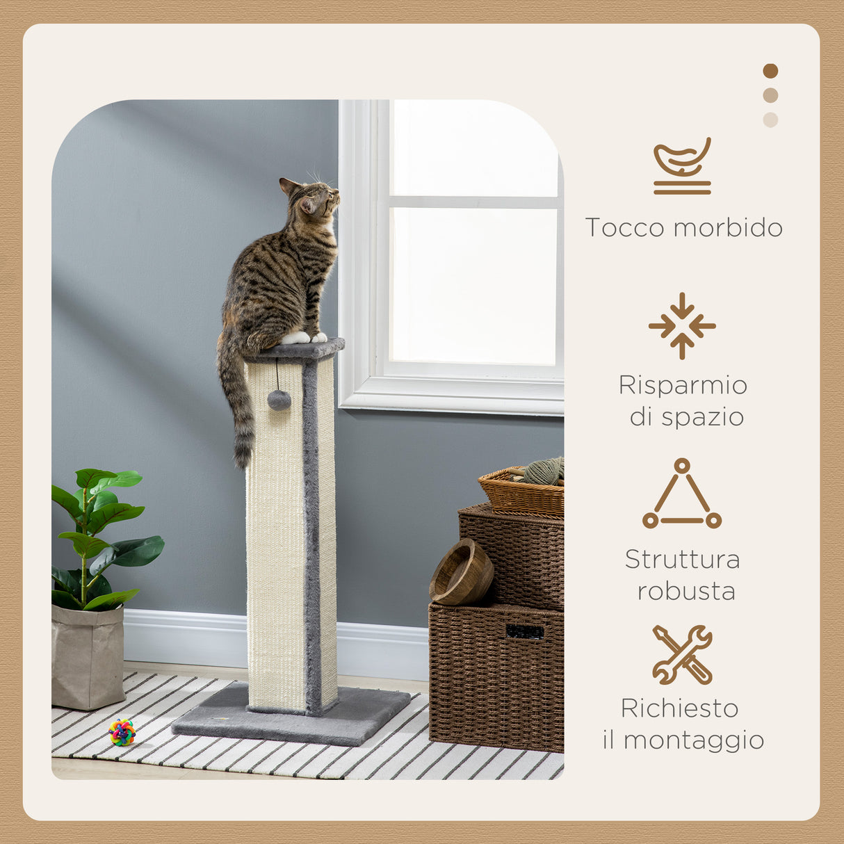 easycomfort easycomfort tiragraffi per gatti con pallina palo in sisal e rivestimento in peluche 41x41x81 cm grigio