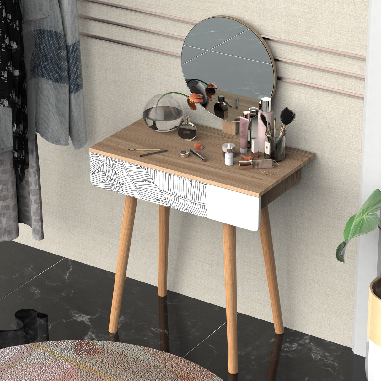 easycomfort easycomfort toeletta tavolo da trucco con specchio circolare 39cm consolle trucco con cassetto con decorazione jungle bianco e rovere 70x39x119 128cm ean 8054144134673