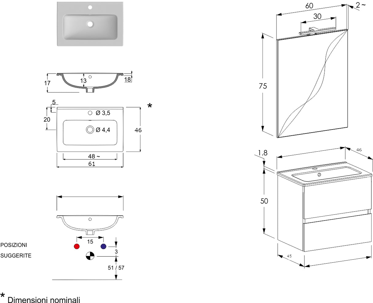 legnox consolle bagno legnox crea 60 cm salvia 2 cassetti lavabo specchio e lampada
