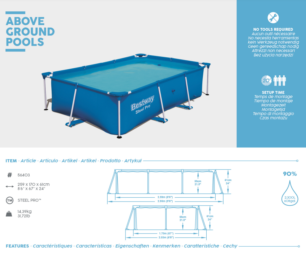 piscina fuori terra bestway 56403 steel pro _ telaio 259x170x61h 2300 litri