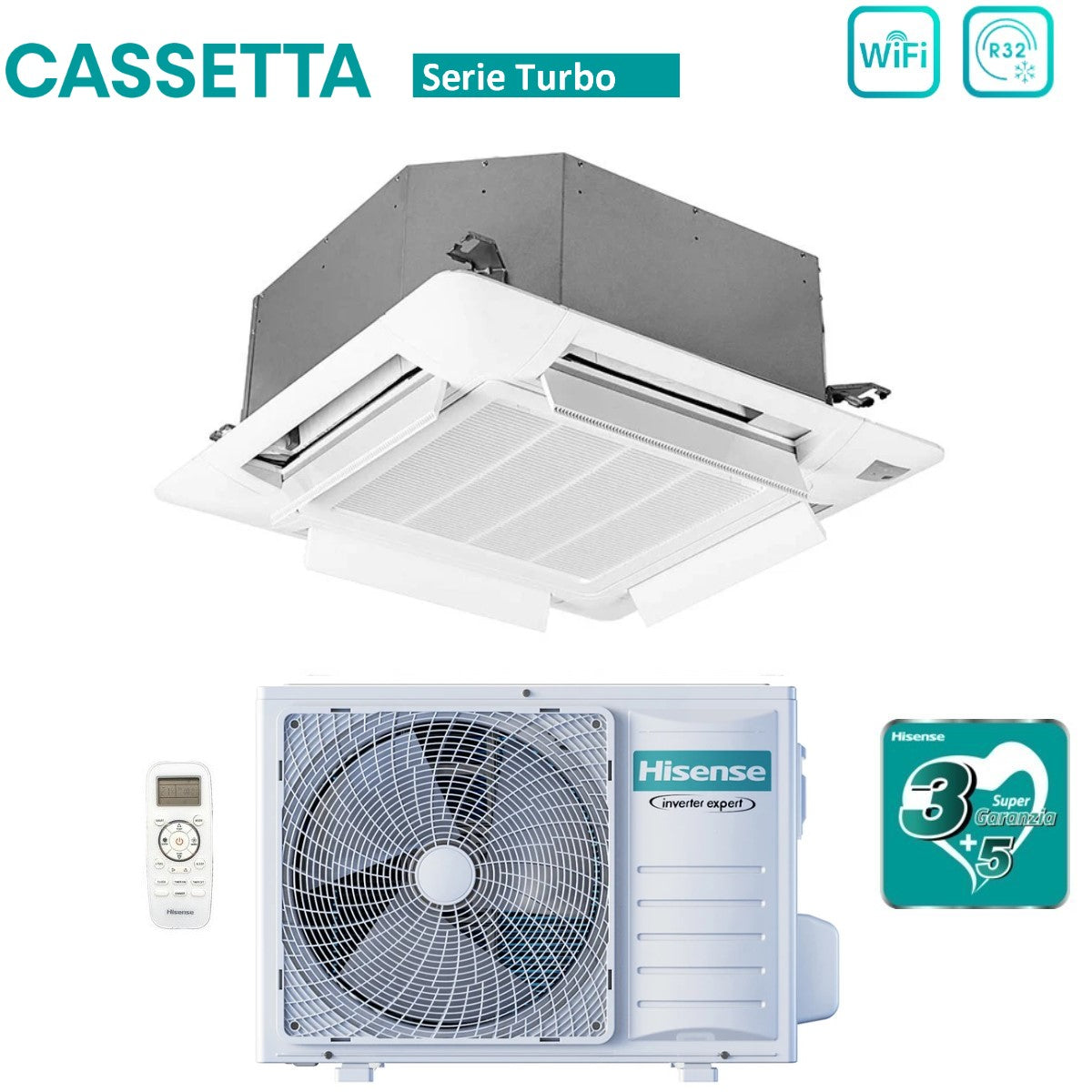climatizzatore condizionatore hisense inverter a cassetta serie turbo 9000 btu act26ur4rcc8 _ auw26u4rs8 r 32 wi fi optional classe a__ a_ con telecomando e pannello incluso