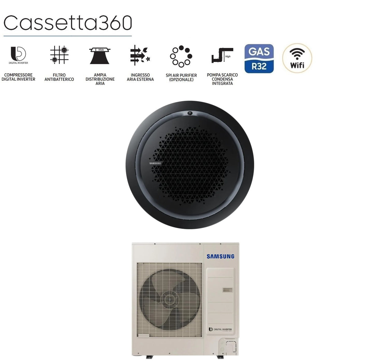climatizzatore condizionatore samsung inverter cassetta 360 36000 btu ac100rn4pkg eu r 32 wi fi optional con comando a filo incluso vari pannelli disponibil