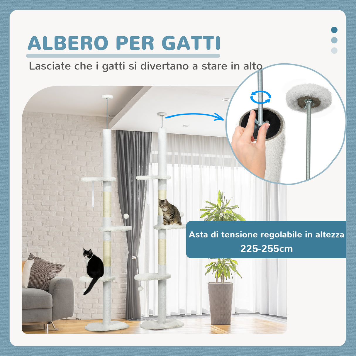 easycomfort easycomfort albero per gatti a soffitto con altezza regolabile e pali tiragraffi in cotone 48x32x225 255 cm bianco