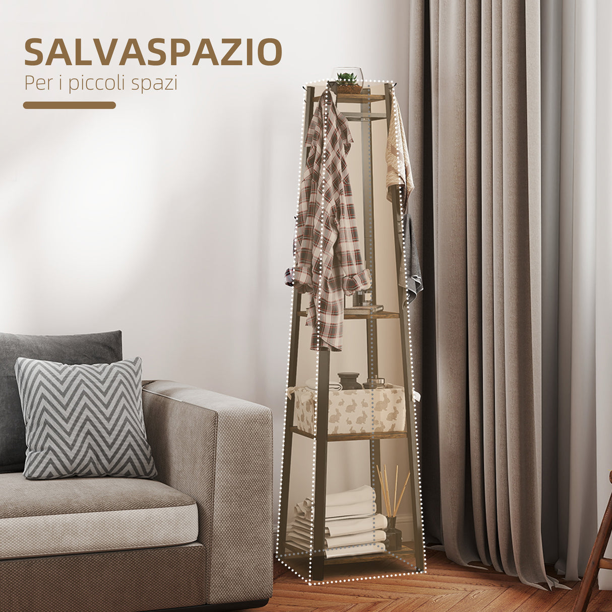 easycomfort easycomfort appendiabiti da terra con 8 ganci 3 ripiani e mensola superiore 34x34x170 cm marrone