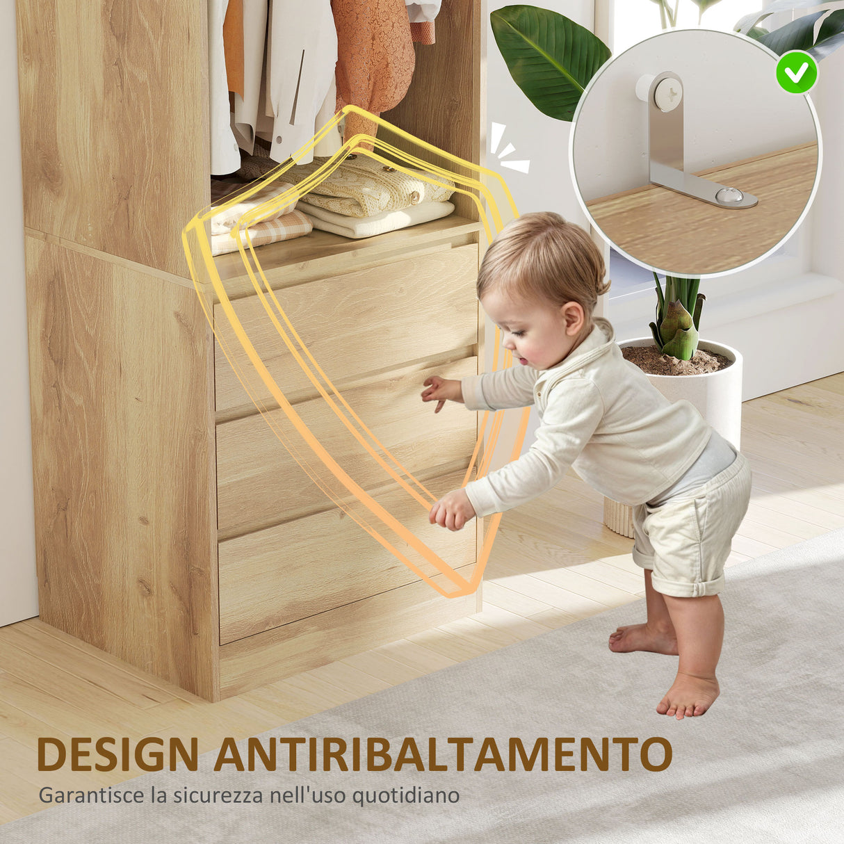 easycomfort easycomfort armadio guardaroba con asta appendiabiti ripiano aperto e 3 cassetti in legno 60x48 5x185 cm color teak
