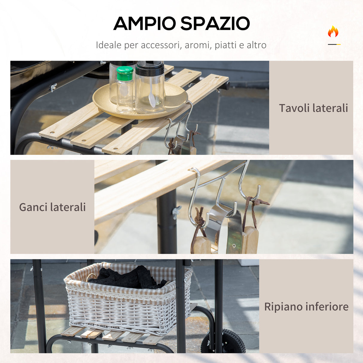 easycomfort easycomfort barbecue a carbone con coperchio ripiani e ruote completo di spatola pinza e coltello nero