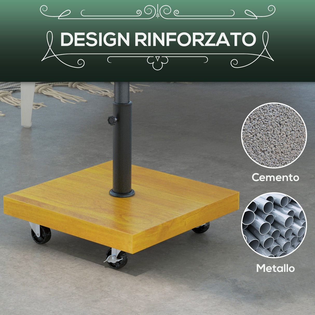 easycomfort easycomfort base per ombrellone da 25kg in metallo e cemento con ruote ed effetto legno 45x45x36 5cm giallo