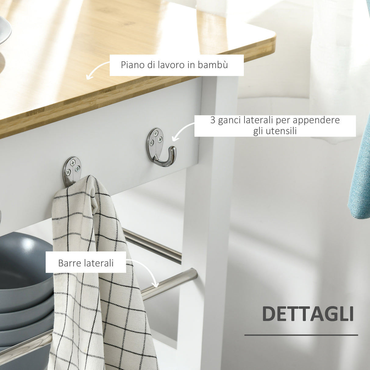 easycomfort easycomfort carrello cucina con cassetto armadietto e scaffale carrellino portavivande con piano in bambu e 4 ruote bianco