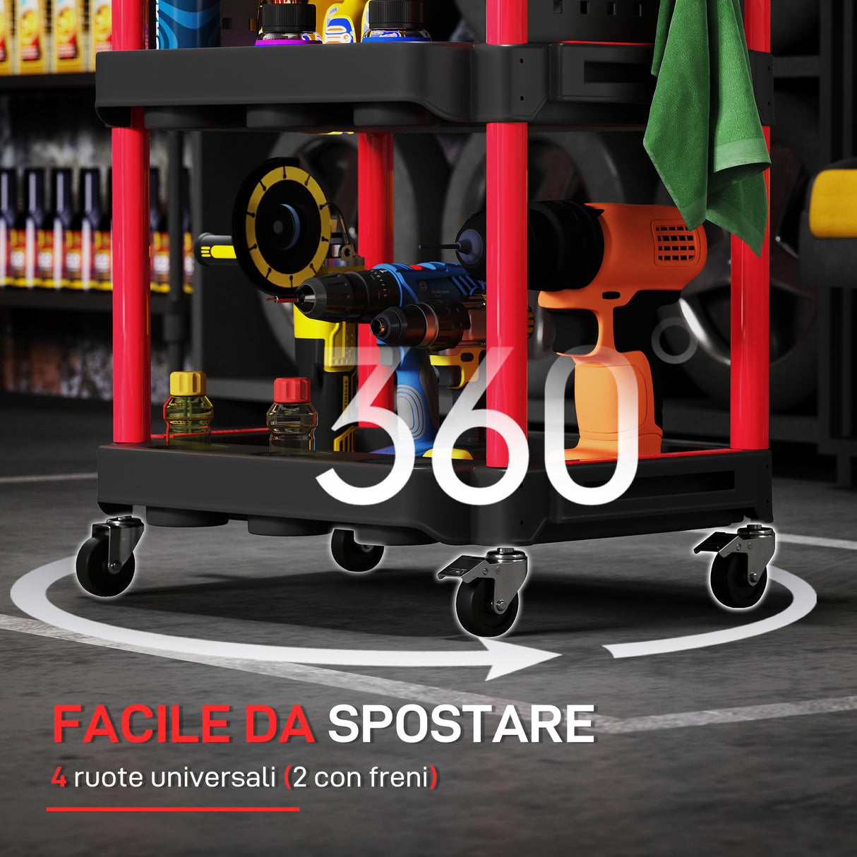 easycomfort easycomfort carrello porta attrezzi a 3 livelli in plastica con pannello forato laterale nero e rosso