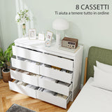 easycomfort easycomfort cassettiera 8 cassetti per camera da letto in legno con maniglie scanalate 120x39x100 cm bianco