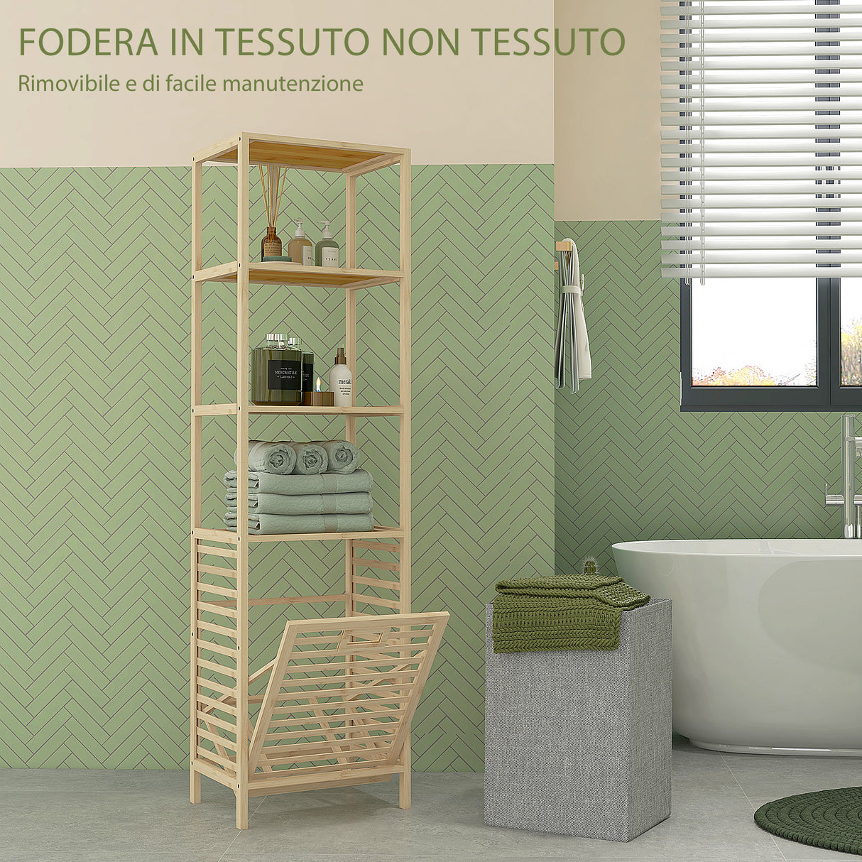 easycomfort easycomfort colonna bagno con 3 ripiani in legno di bambu e cesto portabiancheria in tessuto 44x33x160cm