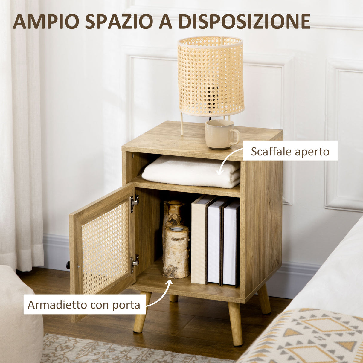 easycomfort easycomfort comodino per camera da letto stile boho con armadietto e ripiano aperto in legno e rattan 39x35x60 cm