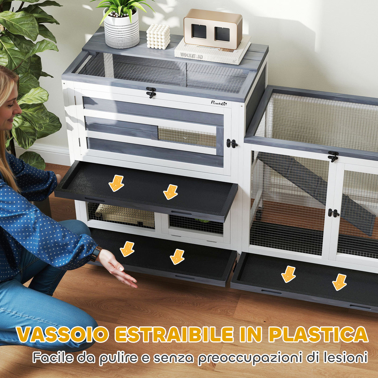 easycomfort easycomfort conigliera a 2 livelli con rampa e 3 vassoi in legno di abete e acciaio 147x45x89 5 cm grigio e bianco