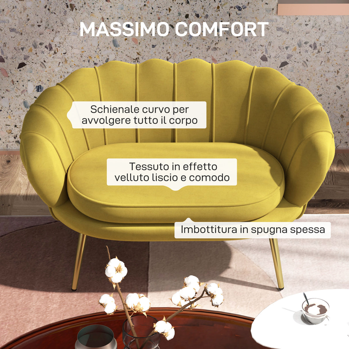 easycomfort easycomfort divanetto 2 posti in stile industrial chic in tessuto effetto velluto e metallo 130x77x77 cm giallo