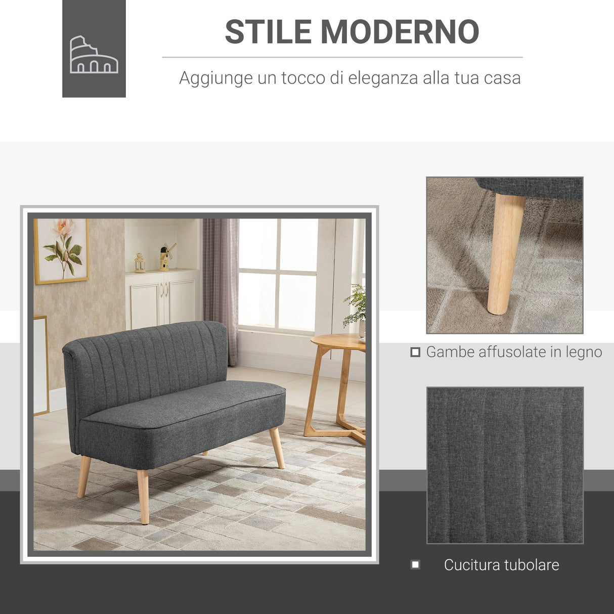 easycomfort easycomfort divano 2 posti moderno in tessuto senza braccioli divanetto da salotto con gambe in legno 117x56 5x77 cm grigio scuro