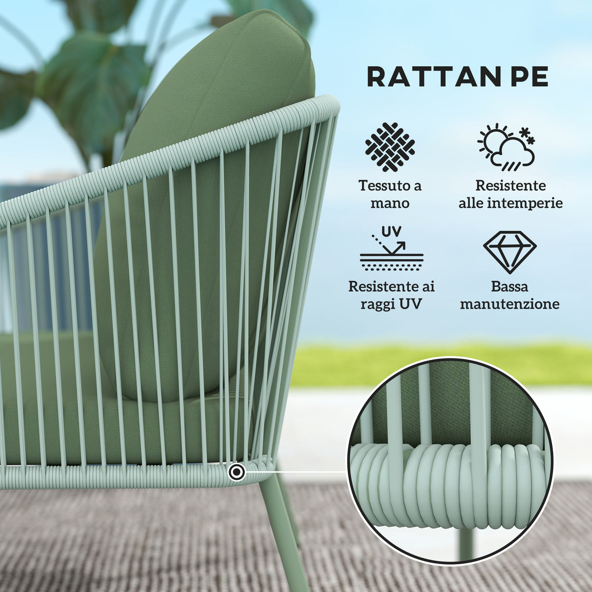 easycomfort easycomfort divano da giardino 2 posti in rattan pe stile boho con cuscini sfoderabili e braccioli verde