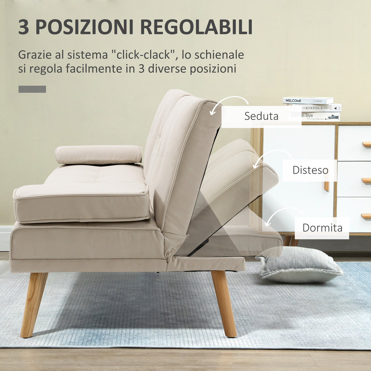 easycomfort easycomfort divano letto 3 posti reclinabile con rivestimento effetto lino e tavolino a ribalta beige
