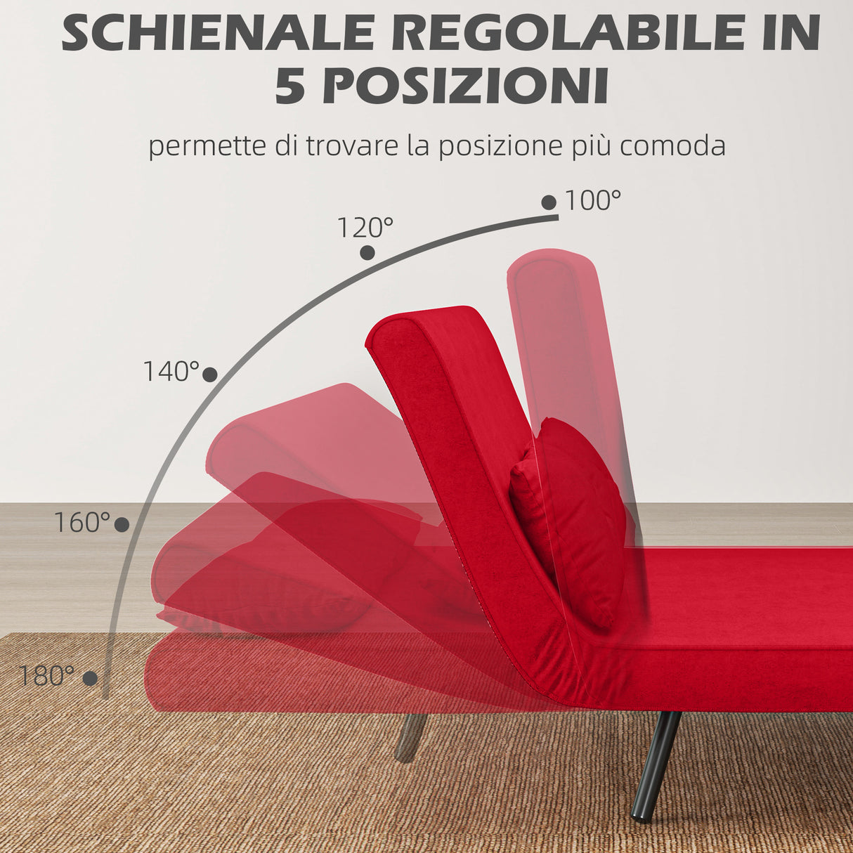 easycomfort easycomfort divano letto in tessuto effetto velluto con schienale regolabile e 2 cuscini 102x73x81 cm rosso