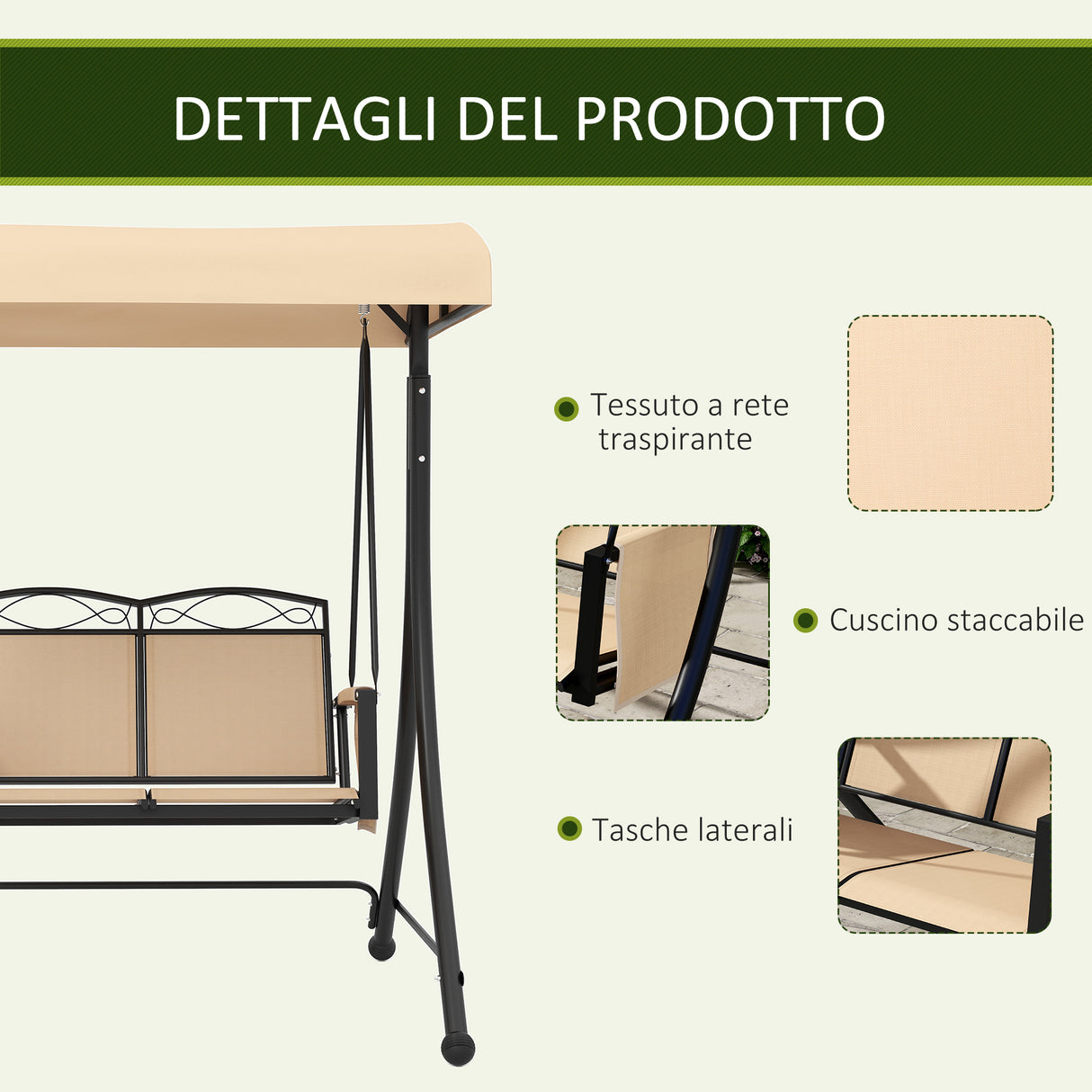 easycomfort easycomfort dondolo da giardino 2 posti con tetto parasole regolabile e tasche laterali beige