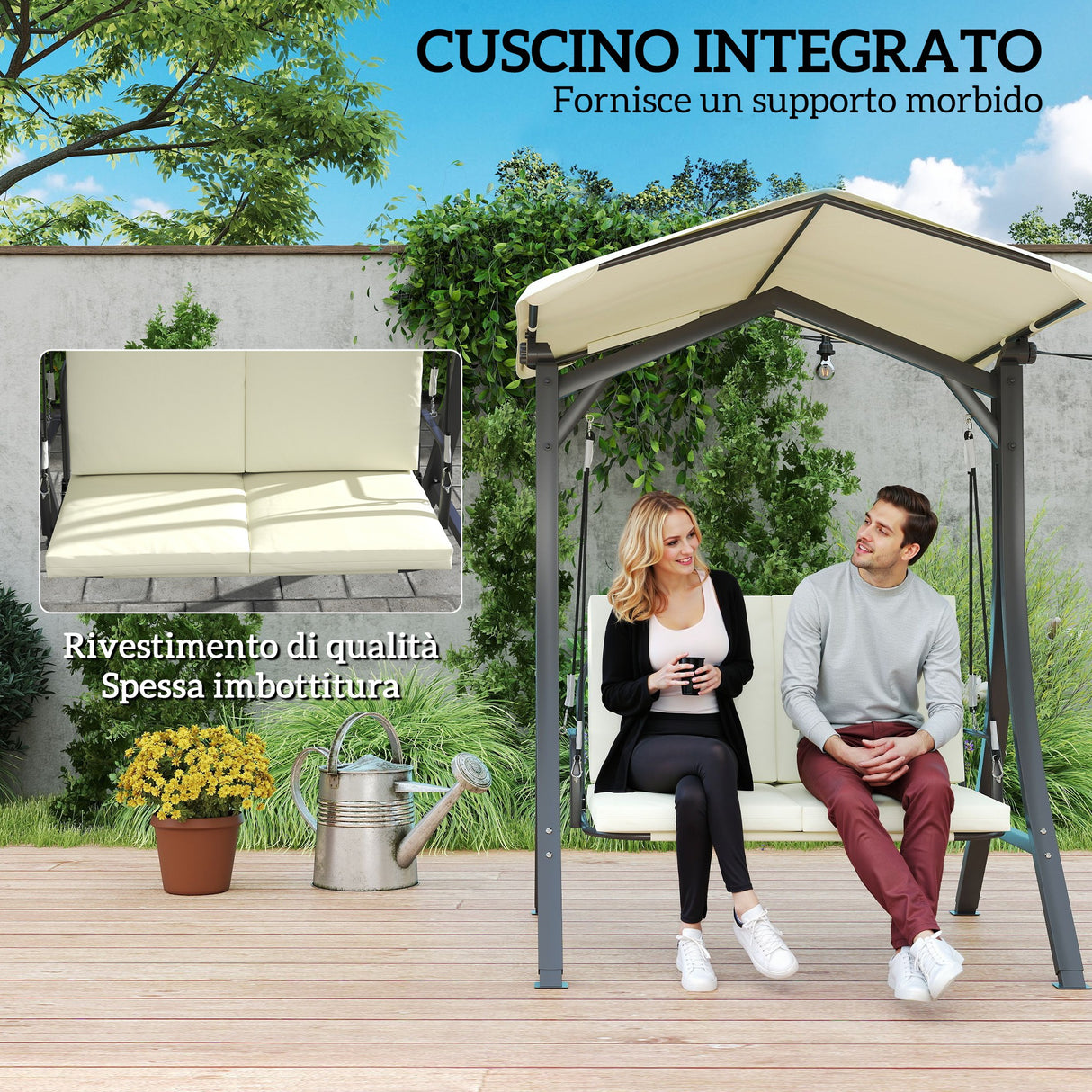 easycomfort easycomfort dondolo da giardino 2 posti con tettuccio regolabile e cuscini 150x120x182 cm crema