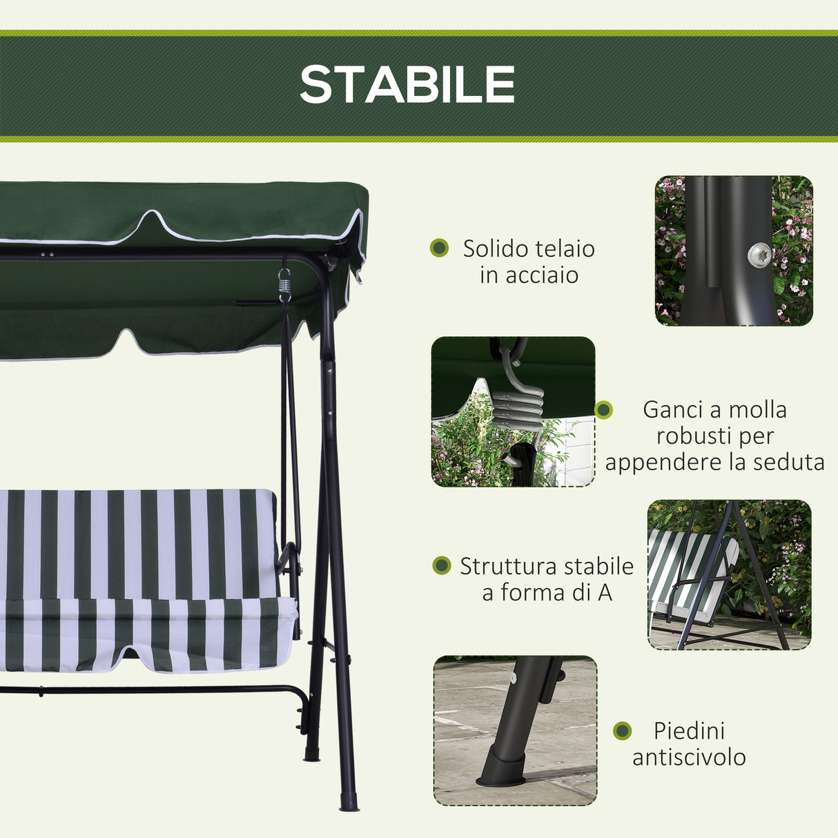 easycomfort easycomfort dondolo da giardino a 3 posti con tettuccio inclinabile e cuscini 172x110x153 cm verde