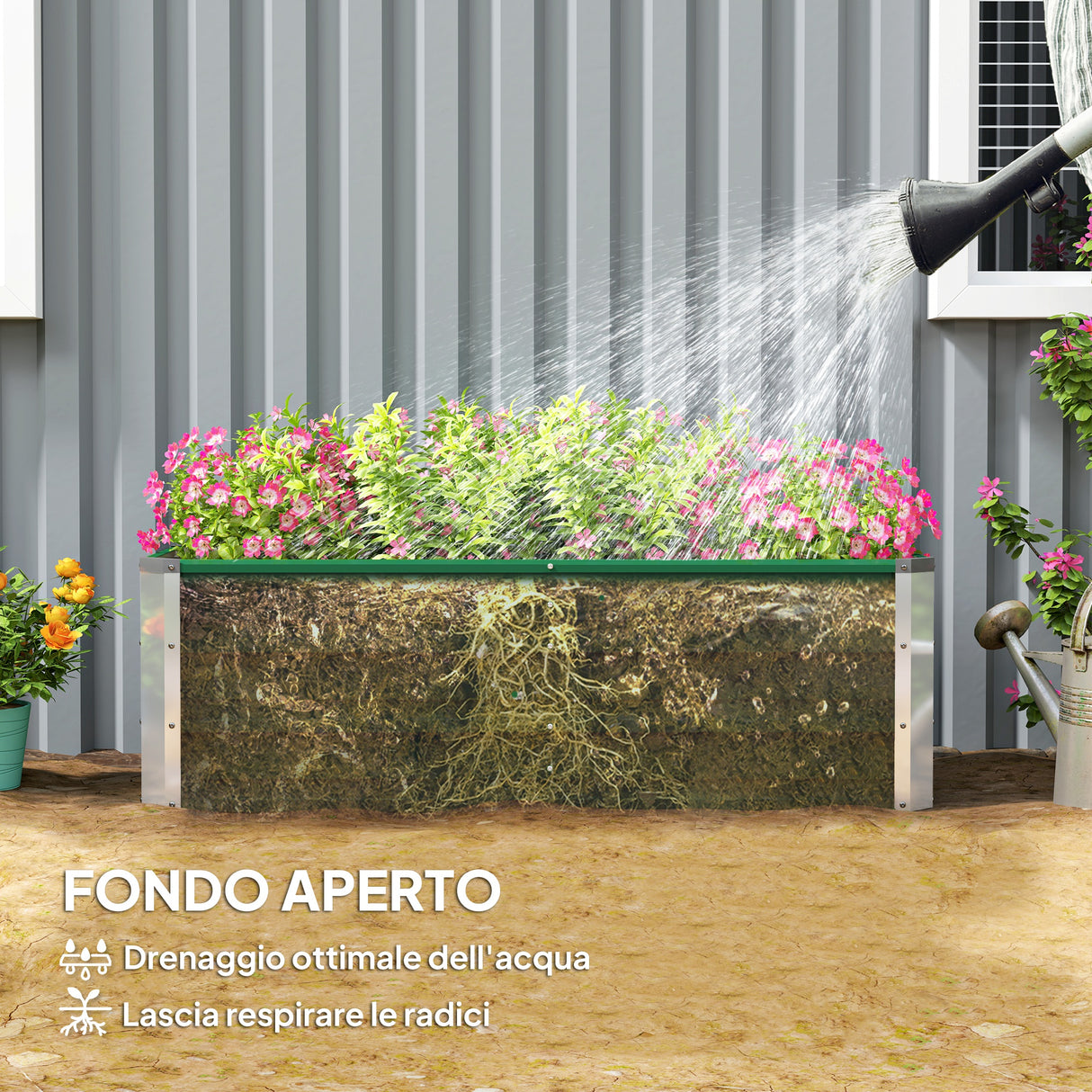 easycomfort easycomfort fioriera da giardino senza fondo con 2 aree di coltivazione in acciaio 125x47x40 cm verde
