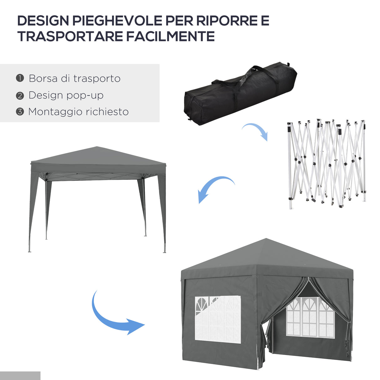 easycomfort easycomfort gazebo da esterno 3x3 m pieghevole con 4 pannelli laterali in acciaio e tessuto oxford grigio