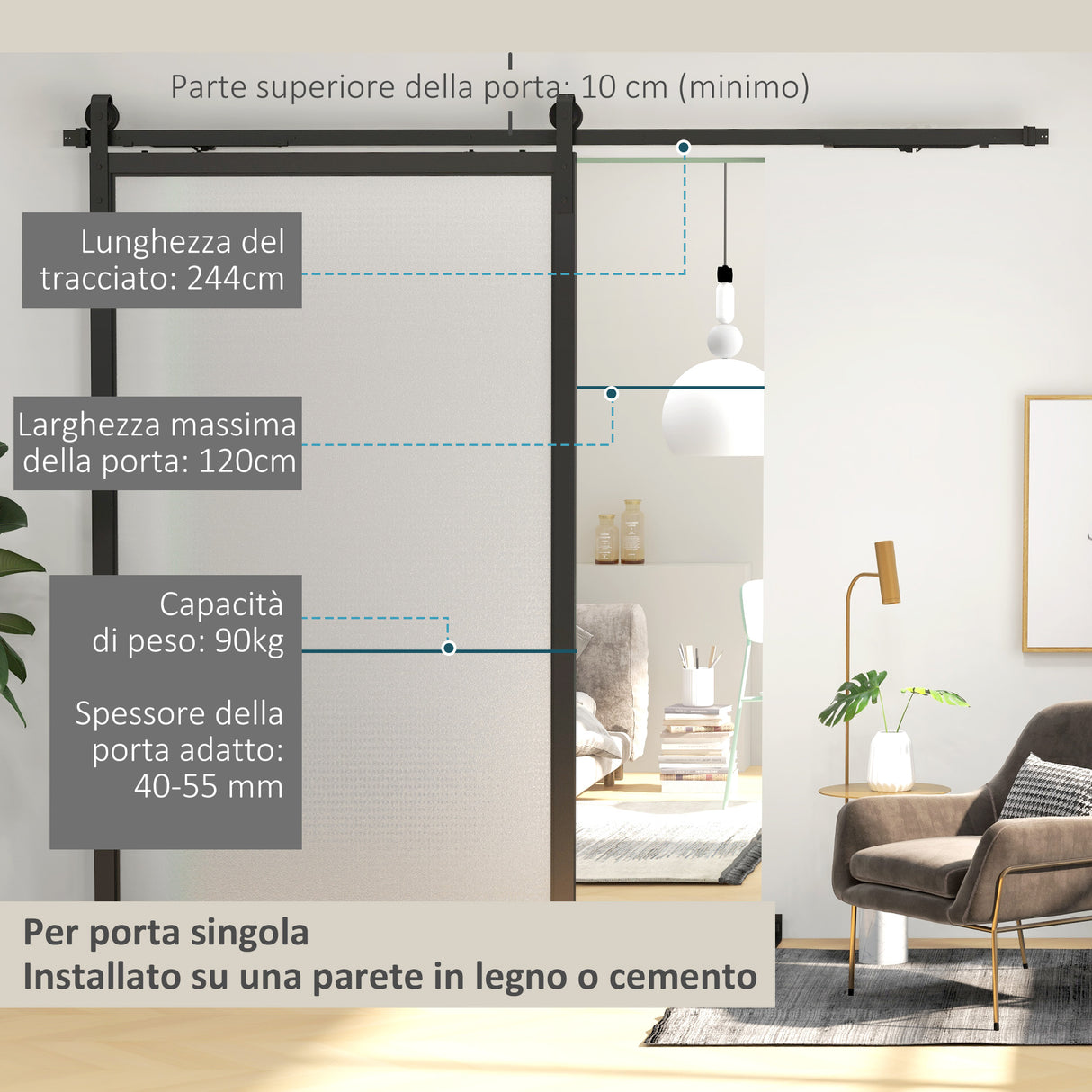easycomfort easycomfort kit porta scorrevole 90kg max salvaspazio in acciaio al carbonio con accessori 244x0 5x4 cm nero