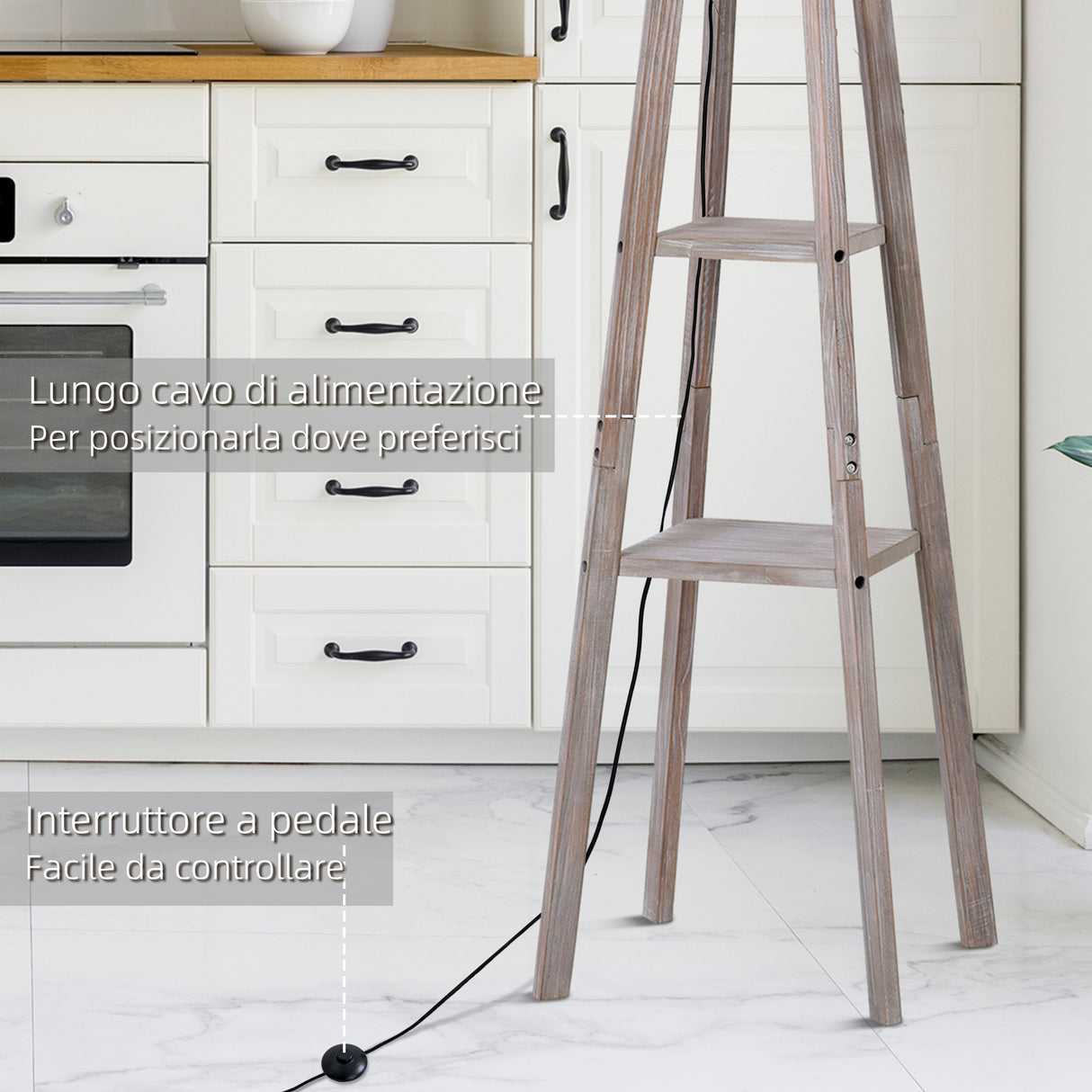easycomfort easycomfort lampada da terra in legno con 3 ripiani e paralume in tessuto 45x45x148cm grigio
