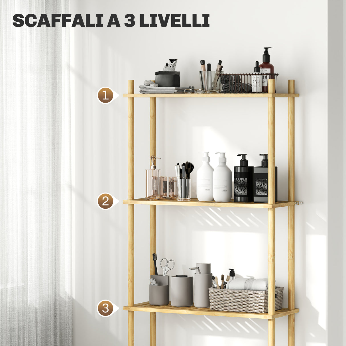 easycomfort easycomfort mobile sopra wc a 3 ripiani a doghe salvaspazio in bambu 63 5x25 5x181 cm color legno
